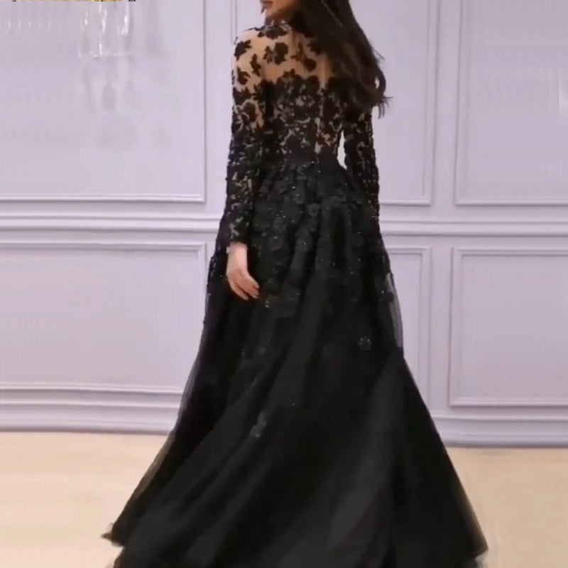 Long Sleeves Crystal Evening Flowers Formal Dress