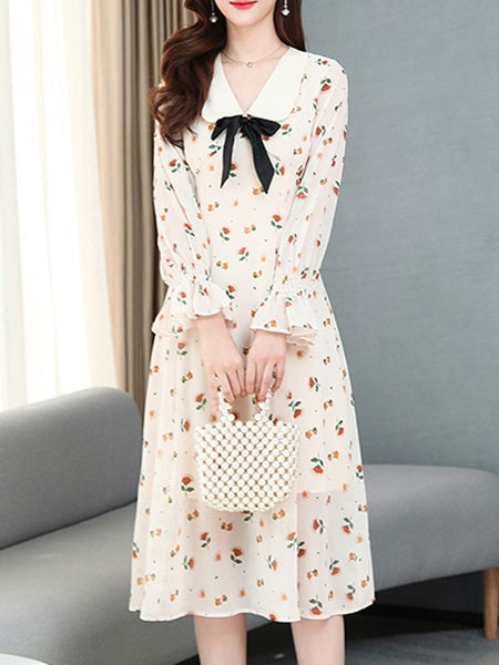 Long Sleeves Dress Floral Print Peter Pan Collar Bows Tie Flared Dress