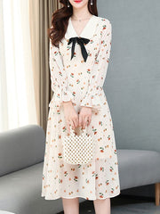Long Sleeves Dress Floral Print Peter Pan Collar Bows Tie Flared Dress