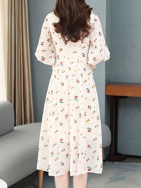 Long Sleeves Dress Floral Print Peter Pan Collar Bows Tie Flared Dress