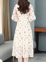 Long Sleeves Dress Floral Print Peter Pan Collar Bows Tie Flared Dress