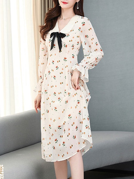 Long Sleeves Dress Floral Print Peter Pan Collar Bows Tie Flared Dress