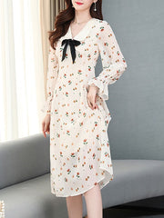 Long Sleeves Dress Floral Print Peter Pan Collar Bows Tie Flared Dress