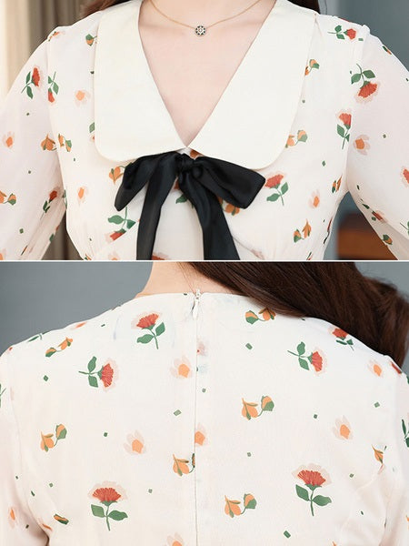 Long Sleeves Dress Floral Print Peter Pan Collar Bows Tie Flared Dress