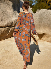 Long Sleeves Floral Print Jewel Neck Cotton Floor Length Dresses
