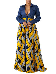 Long Sleeves Geometric Turndown Collar Buttons Polyester Floor Length Maxi Dress