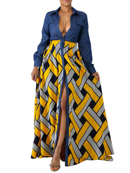 Long Sleeves Geometric Turndown Collar Buttons Polyester Floor Length Maxi Dress
