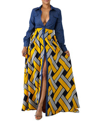 Long Sleeves Geometric Turndown Collar Buttons Polyester Floor Length Maxi Dress