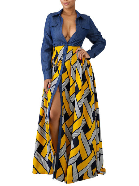 Long Sleeves Geometric Turndown Collar Buttons Polyester Floor Length Maxi Dress