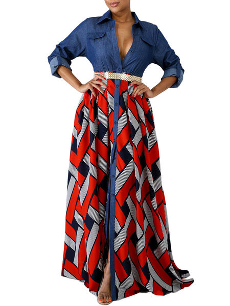 Long Sleeves Geometric Turndown Collar Buttons Polyester Floor Length Maxi Dress