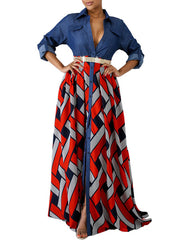 Long Sleeves Geometric Turndown Collar Buttons Polyester Floor Length Maxi Dress