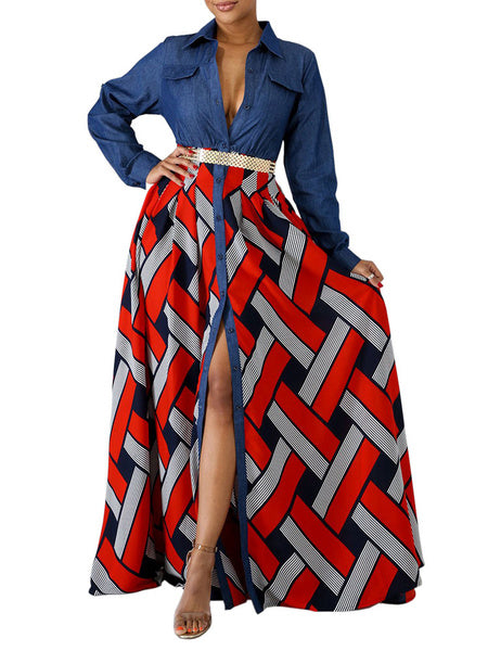 Long Sleeves Geometric Turndown Collar Buttons Polyester Floor Length Maxi Dress