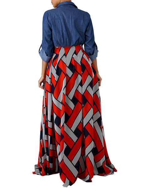 Long Sleeves Geometric Turndown Collar Buttons Polyester Floor Length Maxi Dress