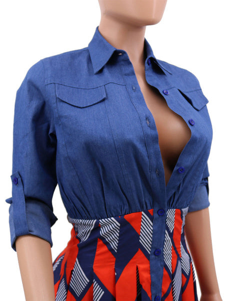 Long Sleeves Geometric Turndown Collar Buttons Polyester Floor Length Maxi Dress