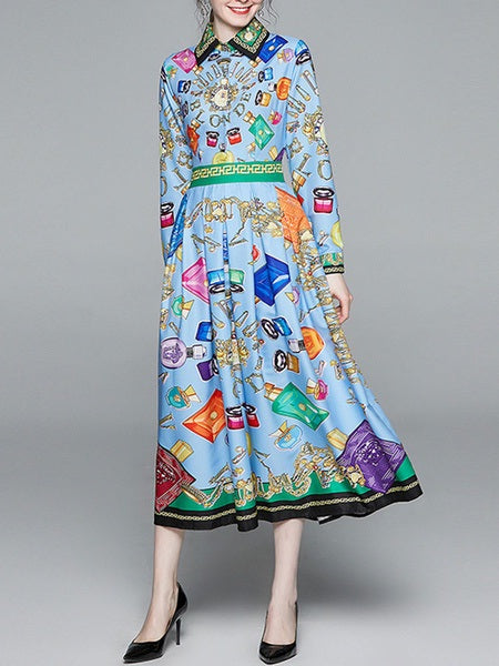 Long Sleeves Geometric Turndown Collar Pleated Stretch Polyester Knee Length Dress