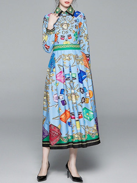 Long Sleeves Geometric Turndown Collar Pleated Stretch Polyester Knee Length Dress