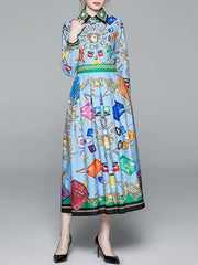Long Sleeves Geometric Turndown Collar Pleated Stretch Polyester Knee Length Dress