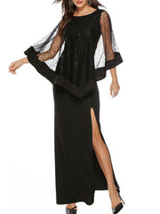 Long Sleeves Jewel Neck Split Front Layered Polyester Floor Length Maxi Dress