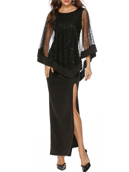 Long Sleeves Jewel Neck Split Front Layered Polyester Floor Length Maxi Dress