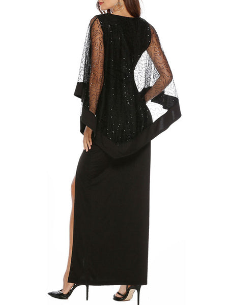 Long Sleeves Jewel Neck Split Front Layered Polyester Floor Length Maxi Dress