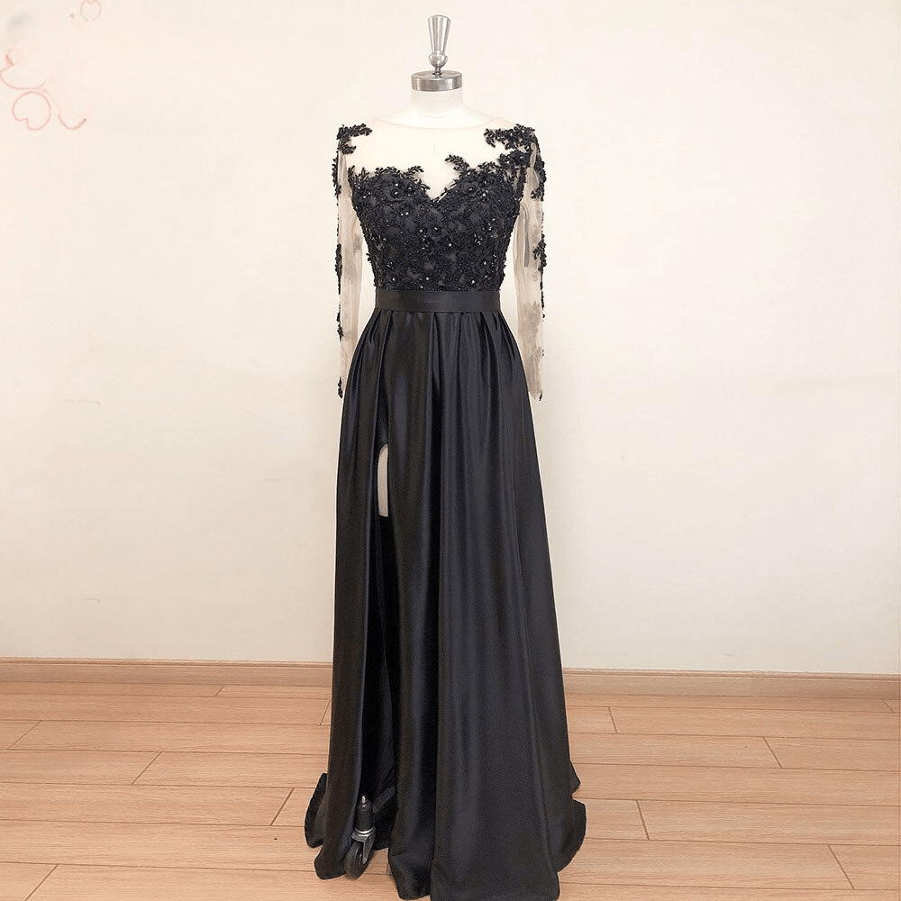 Long Sleeves Lace Applique Beads with Slit Evening Dresses