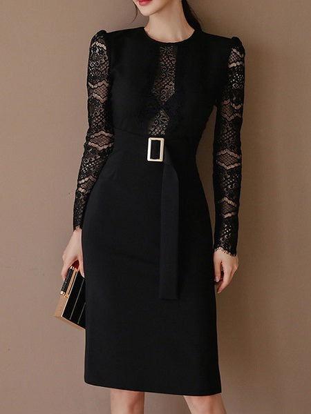 Long Sleeves Lace Classic Jewel Neck Layered Slim Fit Sheath Bodycon Dress