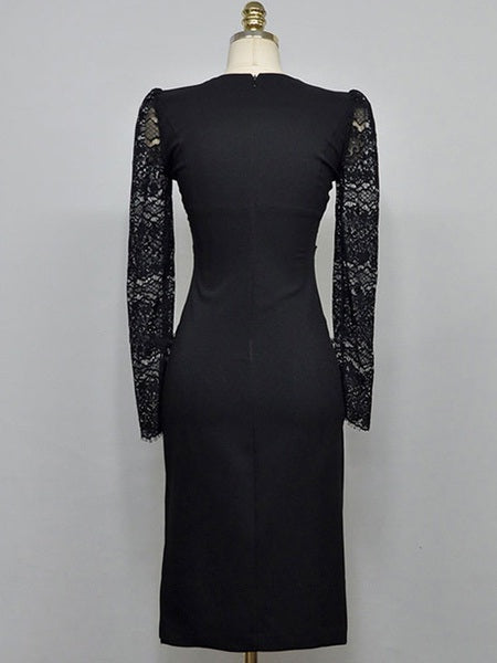 Long Sleeves Lace Classic Jewel Neck Layered Slim Fit Sheath Bodycon Dress