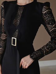 Long Sleeves Lace Classic Jewel Neck Layered Slim Fit Sheath Bodycon Dress
