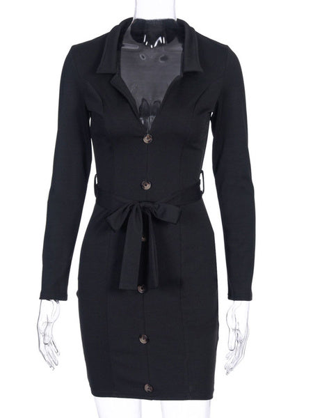 Elegant Lace Up Turndown Collar Sheath Bodycon Mini Dress
