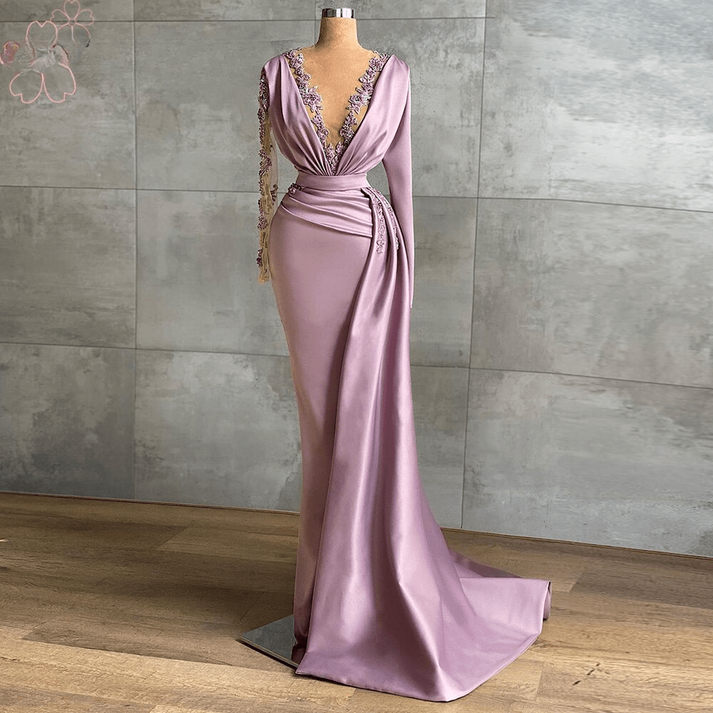 Long Sleeves O Neck Ruffles Mermaid Evening Night Party Dress