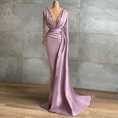 Long Sleeves O Neck Ruffles Mermaid Evening Night Party Dress