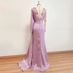 Long Sleeves O Neck Ruffles Mermaid Evening Night Party Dress