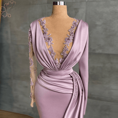 Long Sleeves O Neck Ruffles Mermaid Evening Night Party Dress