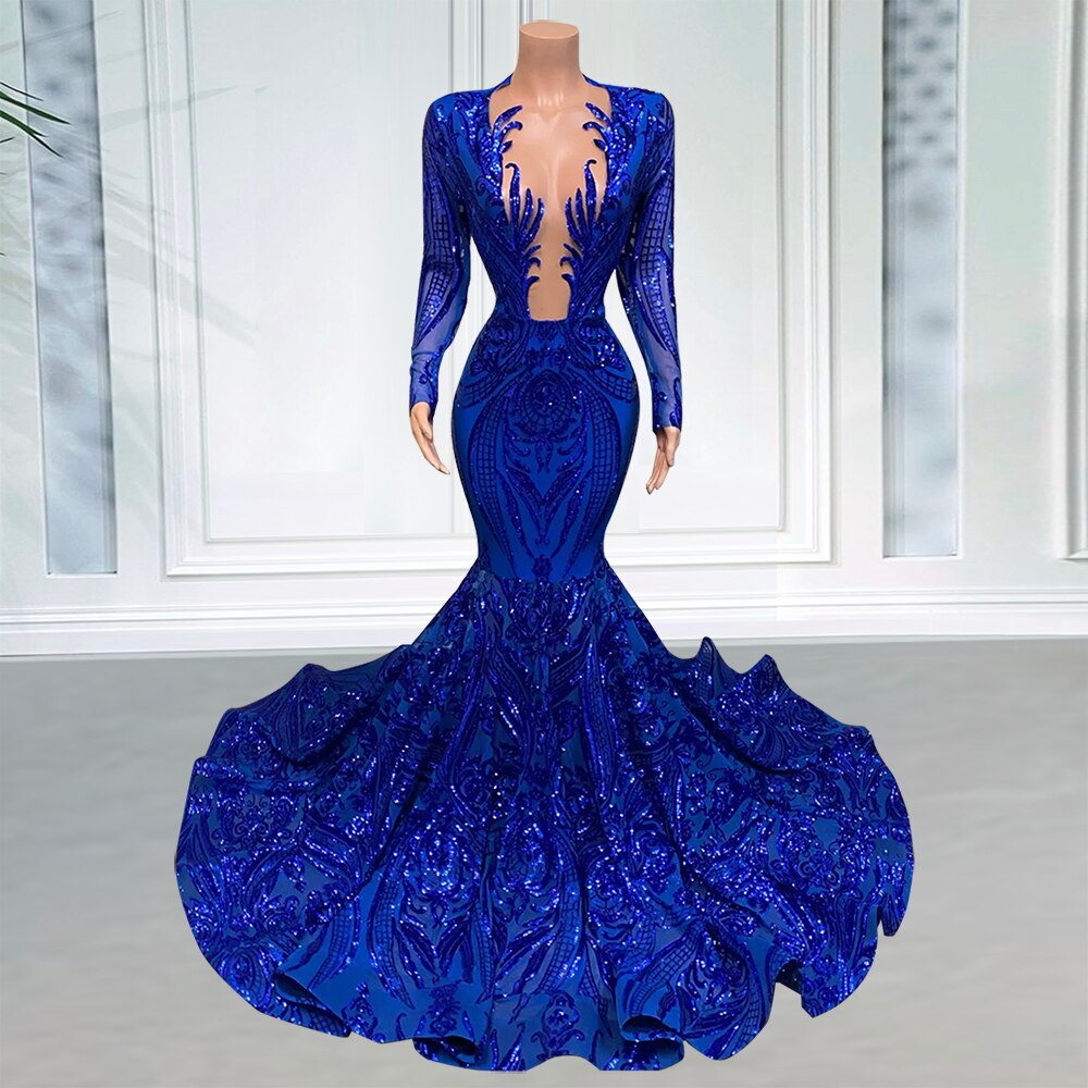 Elegant Mermaid Prom Party Long Sleeves O-neck Sequin Wedding Evening Gowns