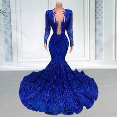 Elegant Mermaid Prom Party Long Sleeves O-neck Sequin Wedding Evening Gowns