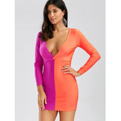Long Sleeves Plunging Neck Off Breast Stitching Backless Packet Buttock Cut Out Club Dress