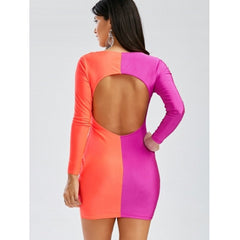 Long Sleeves Plunging Neck Off Breast Stitching Backless Packet Buttock Cut Out Club Dress