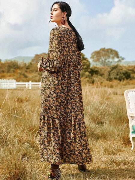 Long Sleeves Printed V Neck Maxi Polyester Long Dress