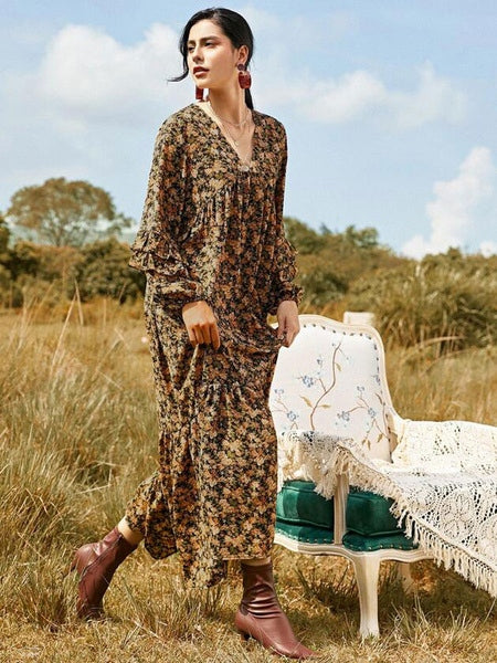 Long Sleeves Printed V Neck Maxi Polyester Long Dress