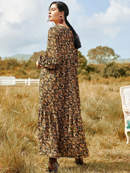 Long Sleeves Printed V Neck Polyester Long Maxi Dresses