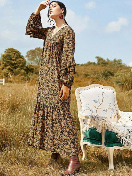 Long Sleeves Printed V Neck Polyester Long Maxi Dresses