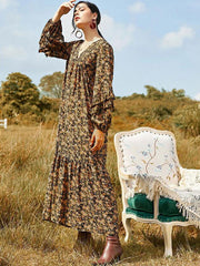 Long Sleeves Printed V Neck Polyester Long Maxi Dresses