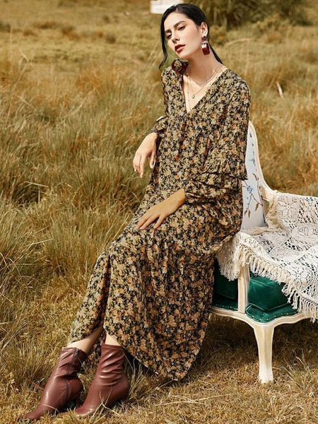 Long Sleeves Printed V Neck Polyester Long Maxi Dresses