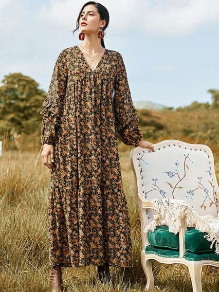 Long Sleeves Printed V Neck Polyester Long Maxi Dresses