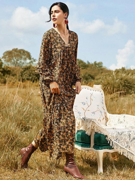 Long Sleeves Printed V Neck Polyester Long Maxi Dresses