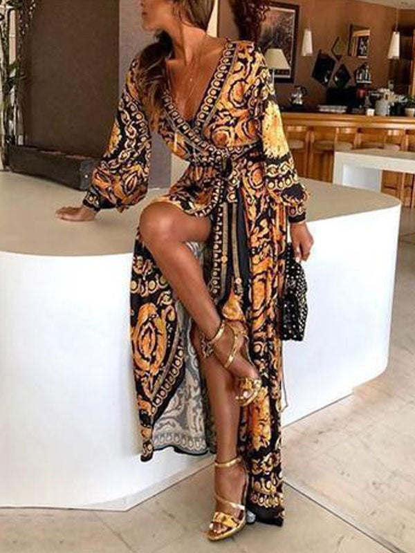 Long Sleeves Printed V-Neck Slit Long Boho Maxi Dresses