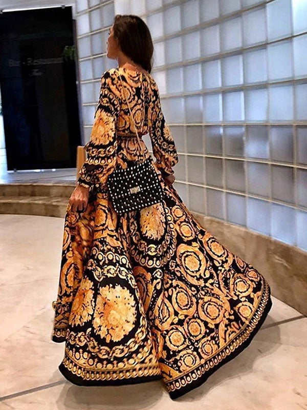 Long Sleeves Printed V-Neck Slit Long Boho Maxi Dresses