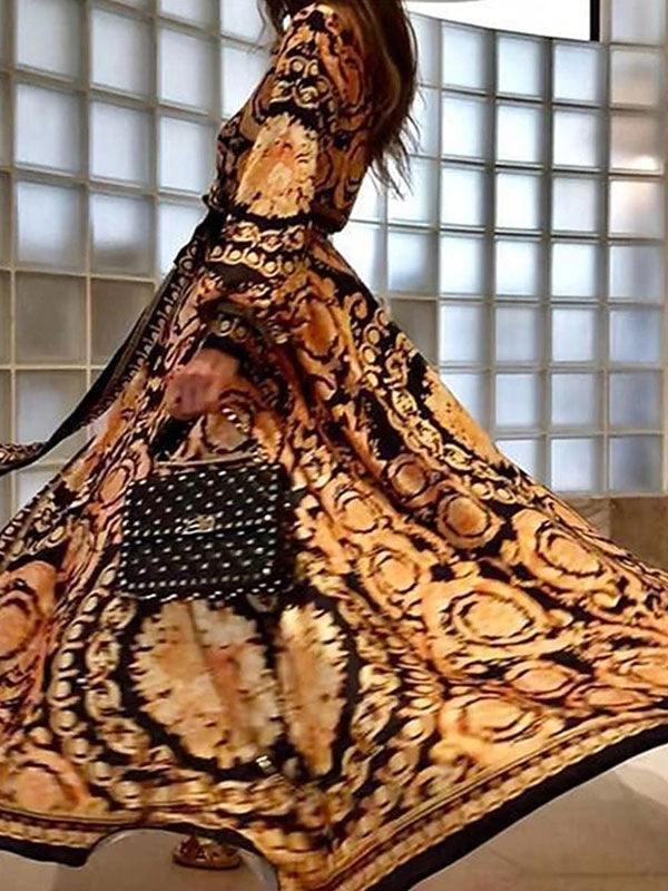 Long Sleeves Printed V-Neck Slit Long Boho Maxi Dresses