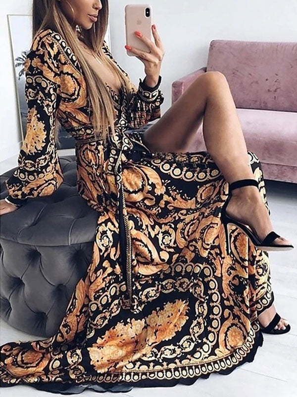 Long Sleeves Printed V-Neck Slit Long Boho Maxi Dresses