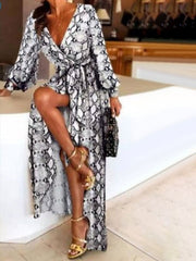 Long Sleeves Printed V-Neck Slit Long Boho Maxi Dresses